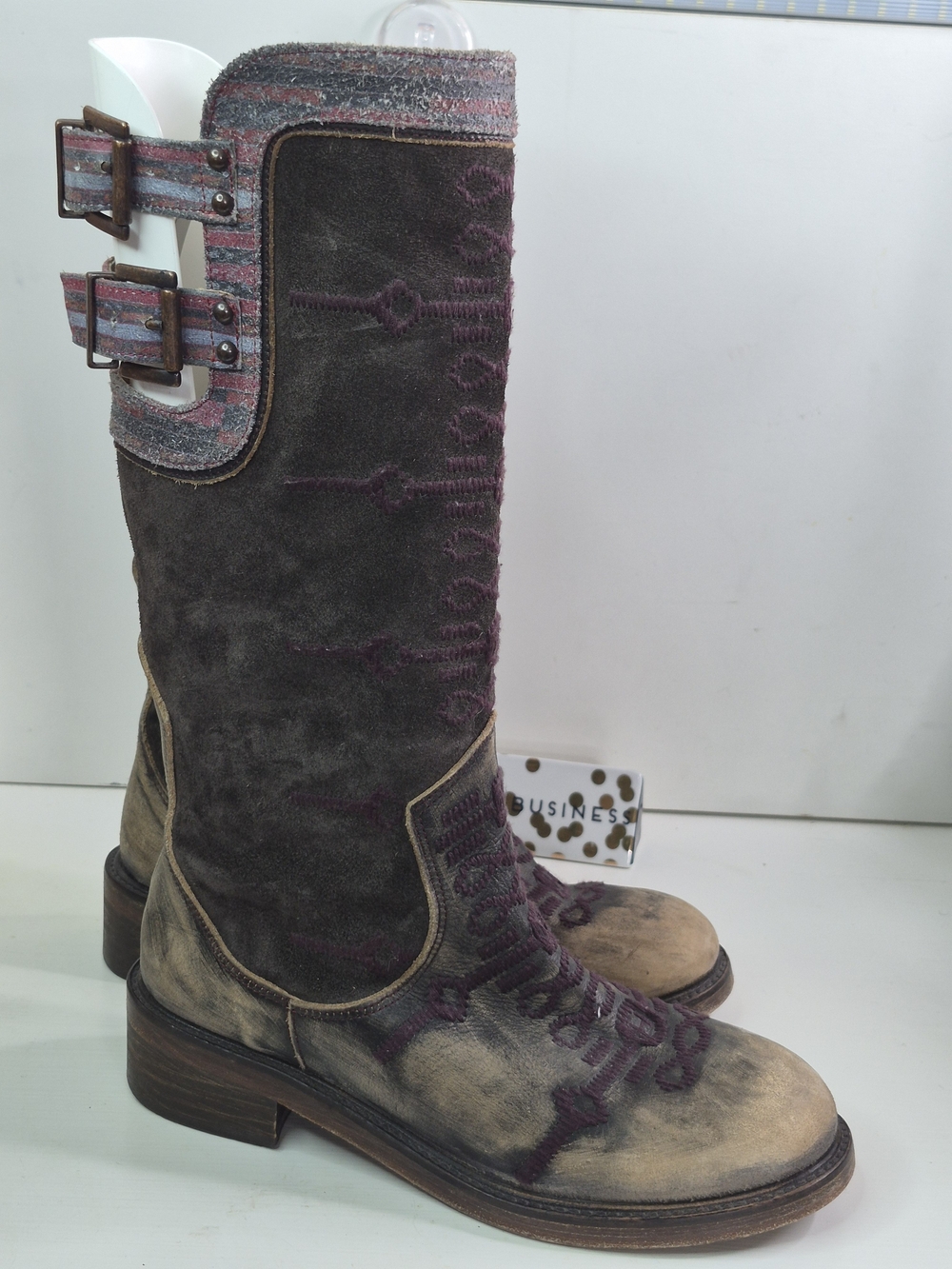Free People Women’s Tall Embroidered Suede Boots in Purple and Tan - Picture 2 of 7